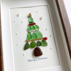 シーグラスアートNo356・クリスマスツリーと小鳥さん・ミニサイズ