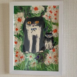 絵画 。壁掛け絵原画手描き【白いデイジー花畑で遊んでいる2匹の猫】-