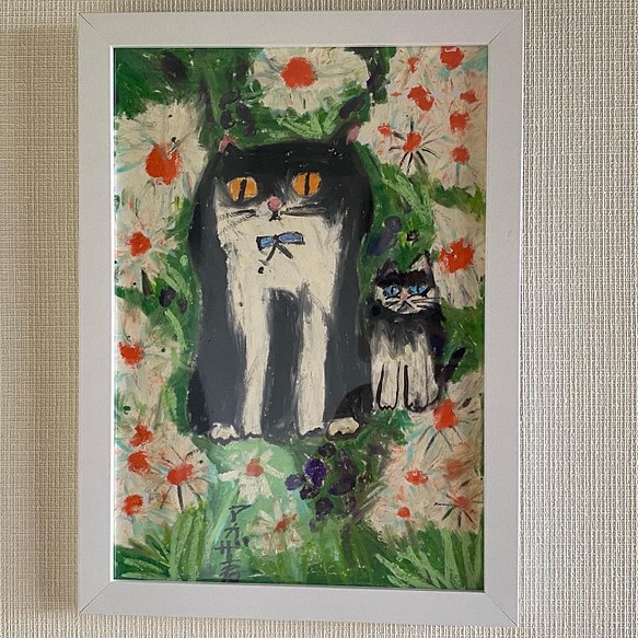 絵画 。壁掛け絵原画手描き【白いデイジー花畑で遊んでいる2匹の猫