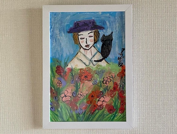 絵画 。壁掛け絵原画手描き【花畑を散歩するかわいい女の子と黒猫