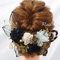 白×黒金 パールダリア かんざし リボン付き 髪飾りセット ❀ 成人式 