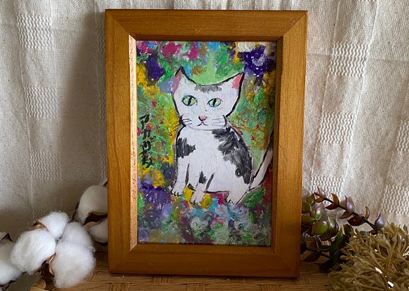 絵画。壁掛け絵原画手描き【満開の美しい花とかっこいい白い猫