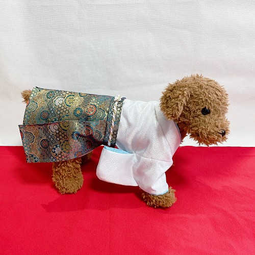 犬の袴✨犬用着物&袴セット 白×水色 金襴生地 ペット服・アクセサリー