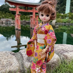 074リカちゃん ブライス ハンドメイド 服 着物 花柄 黄土色 その他人形