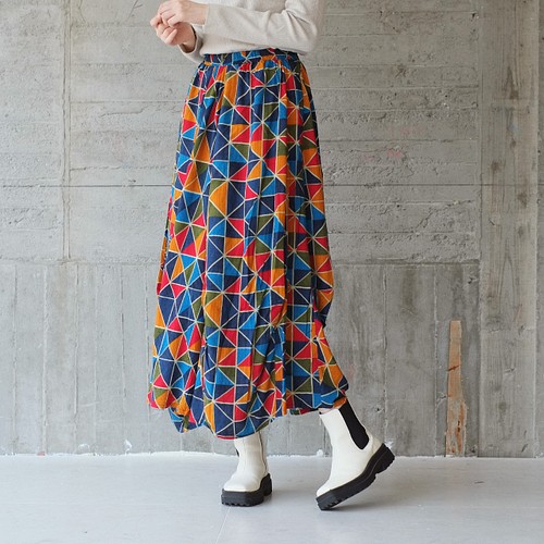 ロングスカート 高密度ウェザーチェック 変形バルーンスカート