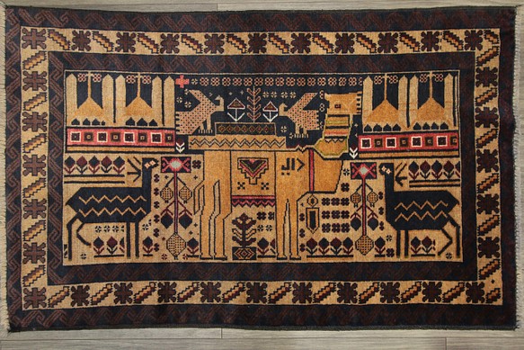 動物モチーフのトライバルラグ　アフガニスタン　部族絨毯　オールド手織り絨毯　ヴィンテージ　86x137cm　＃802