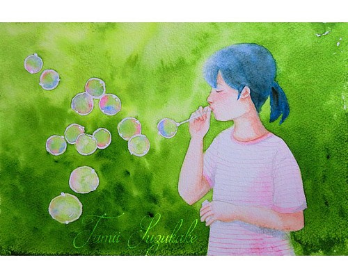 水彩画・原画「シャボン玉を飛ばす少女」 絵画 tami suzukake 通販 