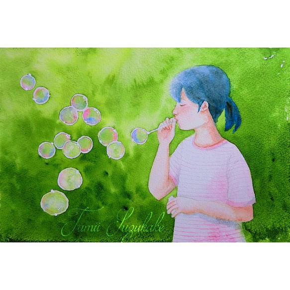 水彩画・原画「シャボン玉を飛ばす少女」 1枚目の画像