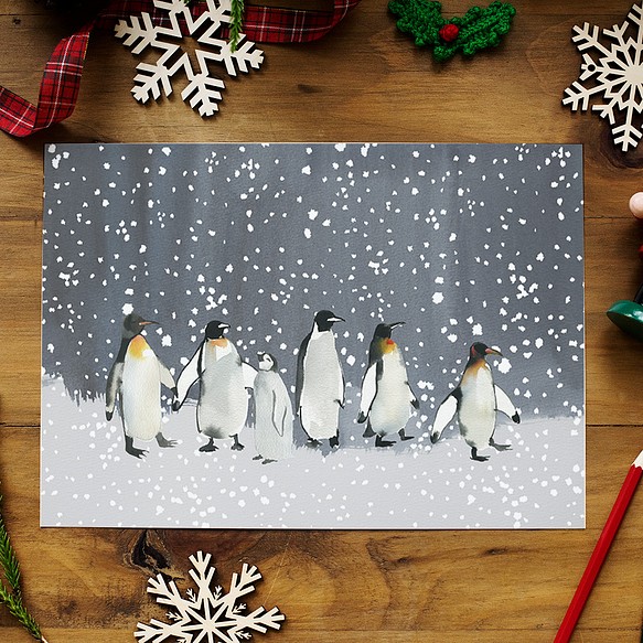 《超早割2022》クリスマスポスター　ペンギン / i0891 / 冬の夜　家や賑わう人々　森やオーロラなどの冬景色 1枚目の画像