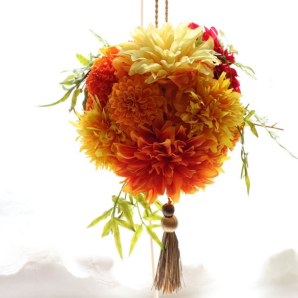 ボールブーケ 和装 橙赤　ウエディングブーケ 前撮り 結婚式 【アーティフィシャルフラワー 造花】