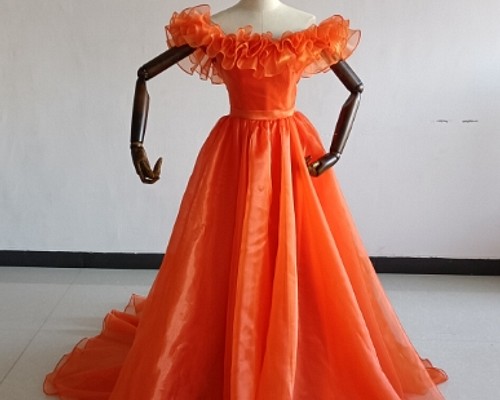 カラードレス オレンジ 結婚式ドレス オフショルダー 2次会 人気 