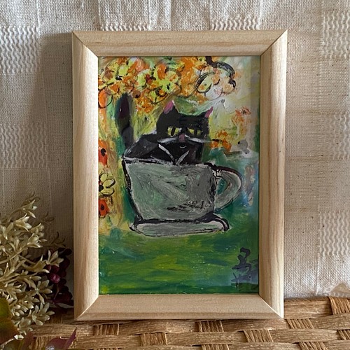 在庫有り お買い得 絵画 。手描き【部屋で楽しく遊んでいるかわいい猫 