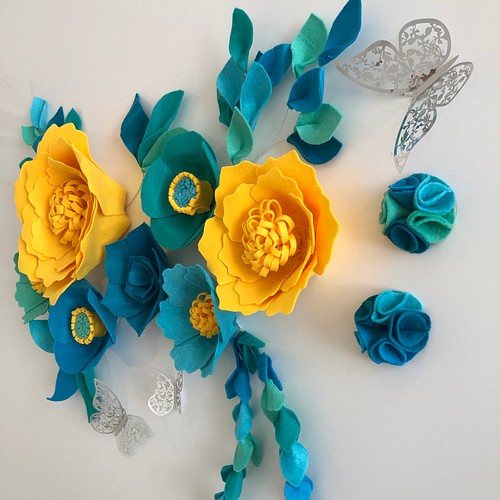 華やかウォールフラワーセット(黄色xブルー) お花 葉 蝶 壁飾り 