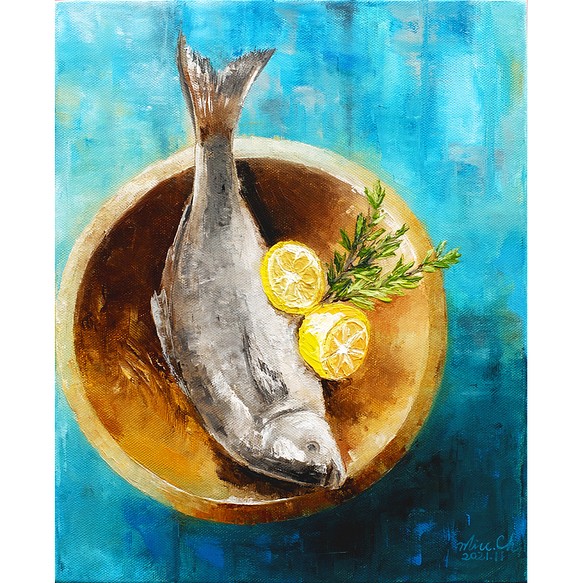 手描き 原画 油彩 「おいしい魚」