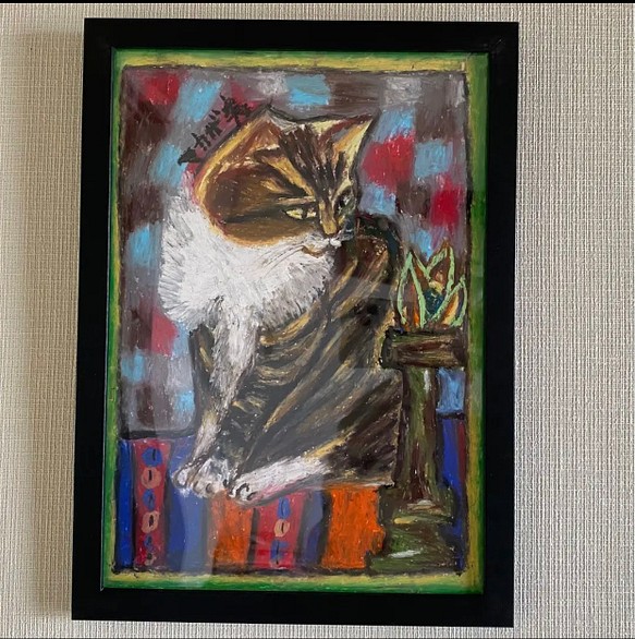 絵画。壁掛け絵原画手描き【ろうそくの火を眺めて考え込むヒョウ柄の猫】