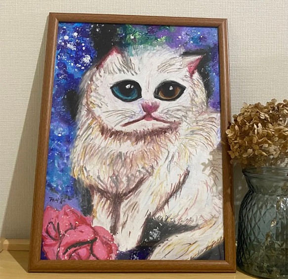 絵画 。壁掛け絵油絵原画手描き【夢幻紫陽花の中の猫】 絵画 アカザ麦