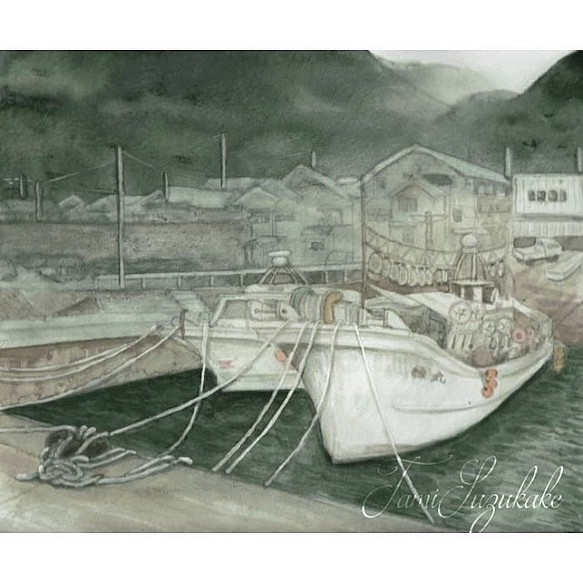 水彩画・原画「漁港・越前海岸」 1枚目の画像