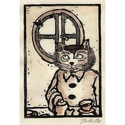 【木版画】 丸窓とコーヒー 版画家／藤宮史（フジミヤ フヒト）猫の