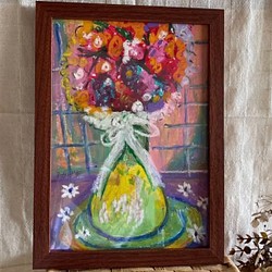 絵画。壁掛け絵原画手描き【テーブルの上の花瓶の中の美しい花】4 絵画 アカザ麦 通販｜Creema(クリーマ) 14631389