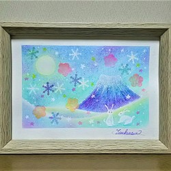 パステルアート 雪月花彩る富士景色とウサギたち パステル画原画 絵画