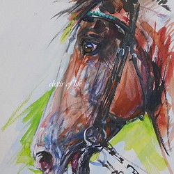 感情、競走馬のポートレート２０２２（水彩画用紙、A4サイズ、墨、水彩、アクリル） 1枚目の画像