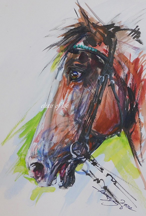 感情、競走馬のポートレート２０２２（水彩画用紙、A4サイズ、墨、水彩、アクリル） 1枚目の画像