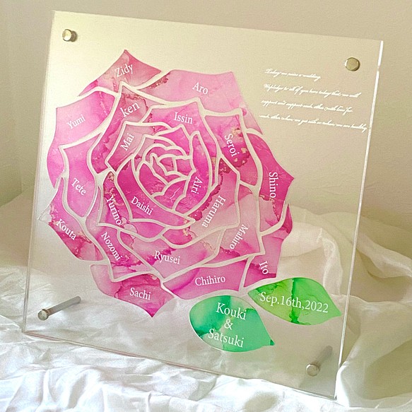 ウェルカムボード　ゲスト参加型結婚証明書　pinkrose green leaf 1枚目の画像