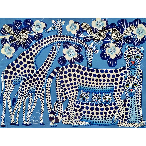 アフリカ絵画『 Light blue leo fam & giraffe 』by Zuberi 30*40cm 1枚目の画像