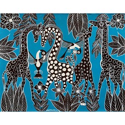 アフリカ絵画『 Blue twiga family 4 』ティンガ×２ by Mwamedi 28*36cm 1枚目の画像