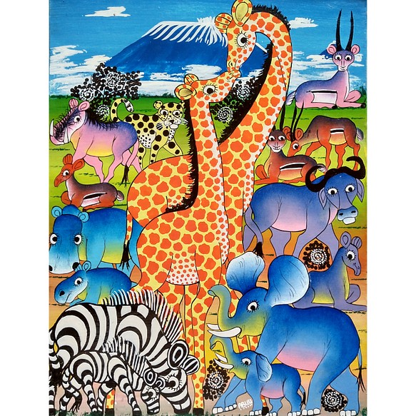 アフリカ絵画『 15 animals at Kilimanjaro 2 』ティンガ×２ by Abuu