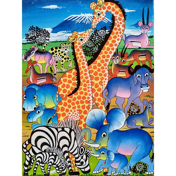 アフリカ絵画『 15 animals at Kilimanjaro 3 』ティンガ×２ by Abuu