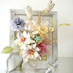 アンティーク・フィジーとポンポンダリアの花達＊染め布花フレーム 1枚目の画像