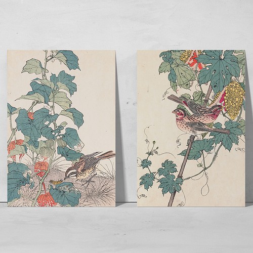 NO.418】鬼灯と雀の花鳥図日本画アートポスター☆和モダン浮世絵和室 