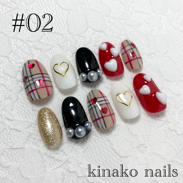 ０２ ネイルチップ ハートネイル チェックネイル 赤ネイル かわいい 大人かわいい ネイルチップ ネイルシール Kinako Nails 通販 Creema クリーマ ハンドメイド 手作り クラフト作品の販売サイト