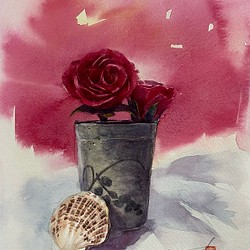 水彩アート「バラと陶器と2枚貝」A4ポスター。 1枚目の画像