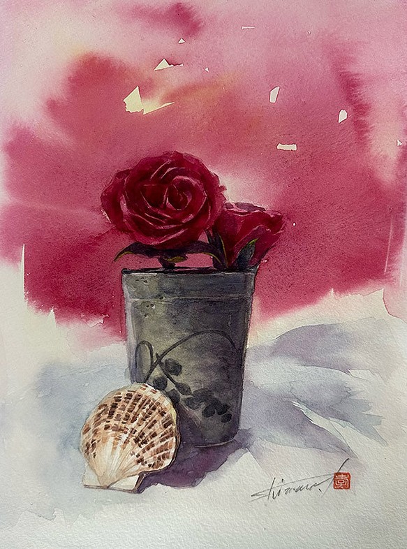 水彩アート「バラと陶器と2枚貝」A4ポスター。 1枚目の画像