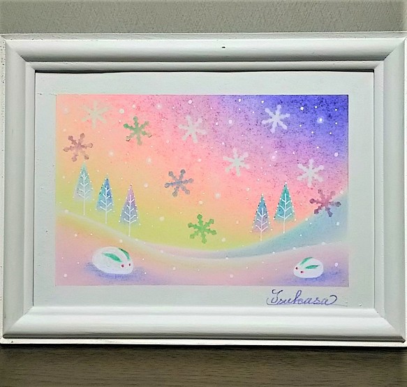 パステルアート 雪うさぎとオーロラ色の夜空 パステル画原画 年賀状イラスト 絵画 T S Arts 通販 Creema クリーマ ハンドメイド 手作り クラフト作品の販売サイト