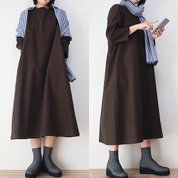 【限1件】冬裝拉絨棉❣️圓領立領連衣裙（送/深棕色） 第1張的照片