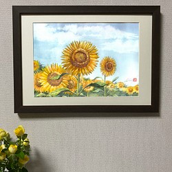 水彩アート「向日葵Ⅱ」手描き原画、1点物。送料無料。 1枚目の画像
