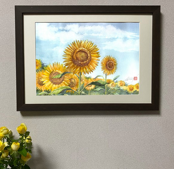 水彩アート「向日葵Ⅱ」手描き原画、1点物。送料無料。 1枚目の画像