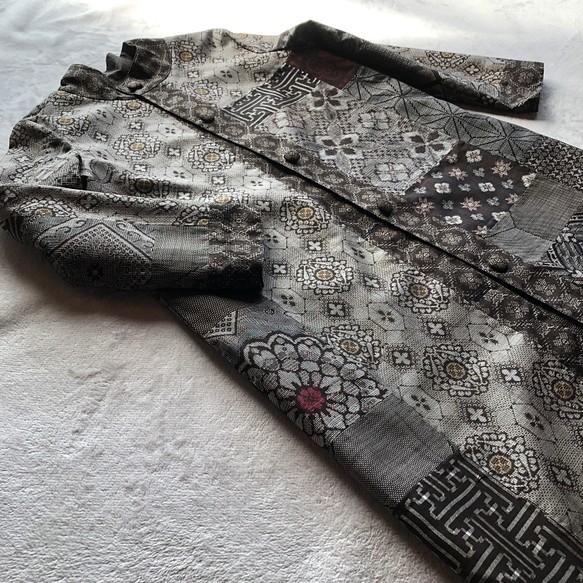 アンティーク大島紬のパッチワークコート　リバーシブル　茶龍郷　スタンドカラー　着物リメイク 1枚目の画像