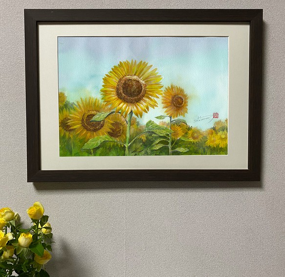 水彩アート「向日葵」原画、1点物。 1枚目の画像