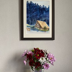 水彩アート「群青の森Ⅲ　春の古民家」原画、1点物。 1枚目の画像