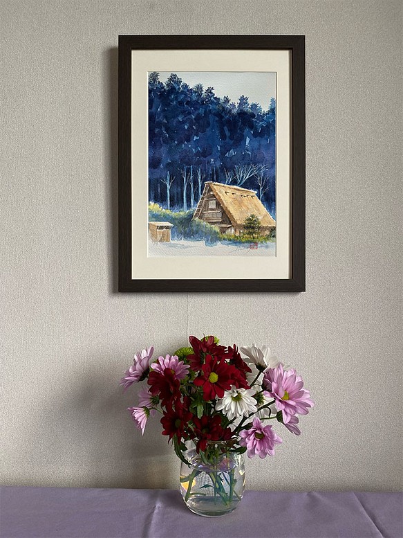 水彩アート「群青の森Ⅲ　春の古民家」原画、1点物。 1枚目の画像