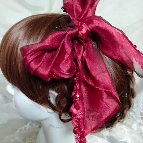 成人式髪飾り☆真っ赤な大輪の薔薇とオーガンジー大リボン