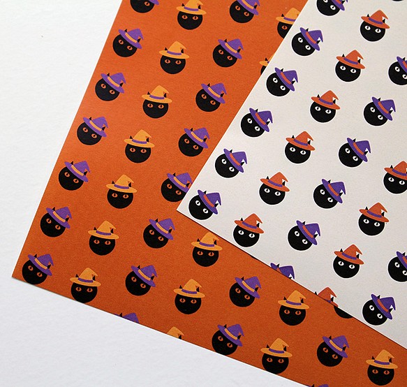 黒ネコハロウィン包装紙「カボチャを探せ！」A4サイズ（2種類各4枚入り）デザインペーパー　ラッピングペーパー　ミックス 1枚目の画像