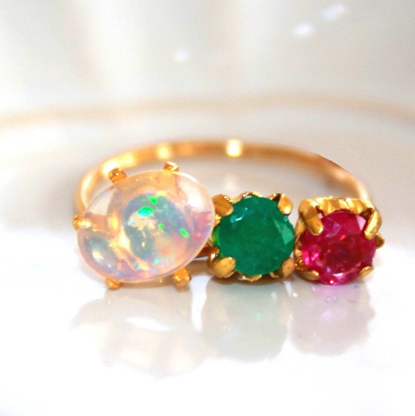 マチケー 様　専用☆ミk10- emerald -Emerald & Ruby & Opal Ring 1枚目の画像
