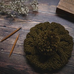 粗針麻花可拆毛球針織毛線貝蕾帽-N17橄欖綠 第1張的照片