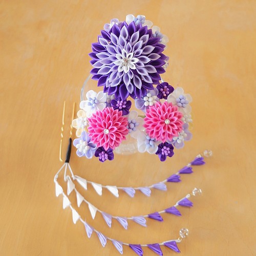 七五三、成人式、『大輪紫グラデーションの花髪飾り4点セット』 つまみ 