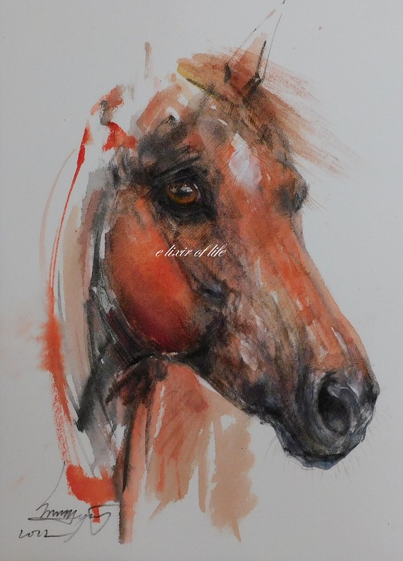赤い馬のポートレート２０２２（厚い和紙、２６ｃｍ×３６ｃｍ、墨、水彩、アクリル） 1枚目の画像